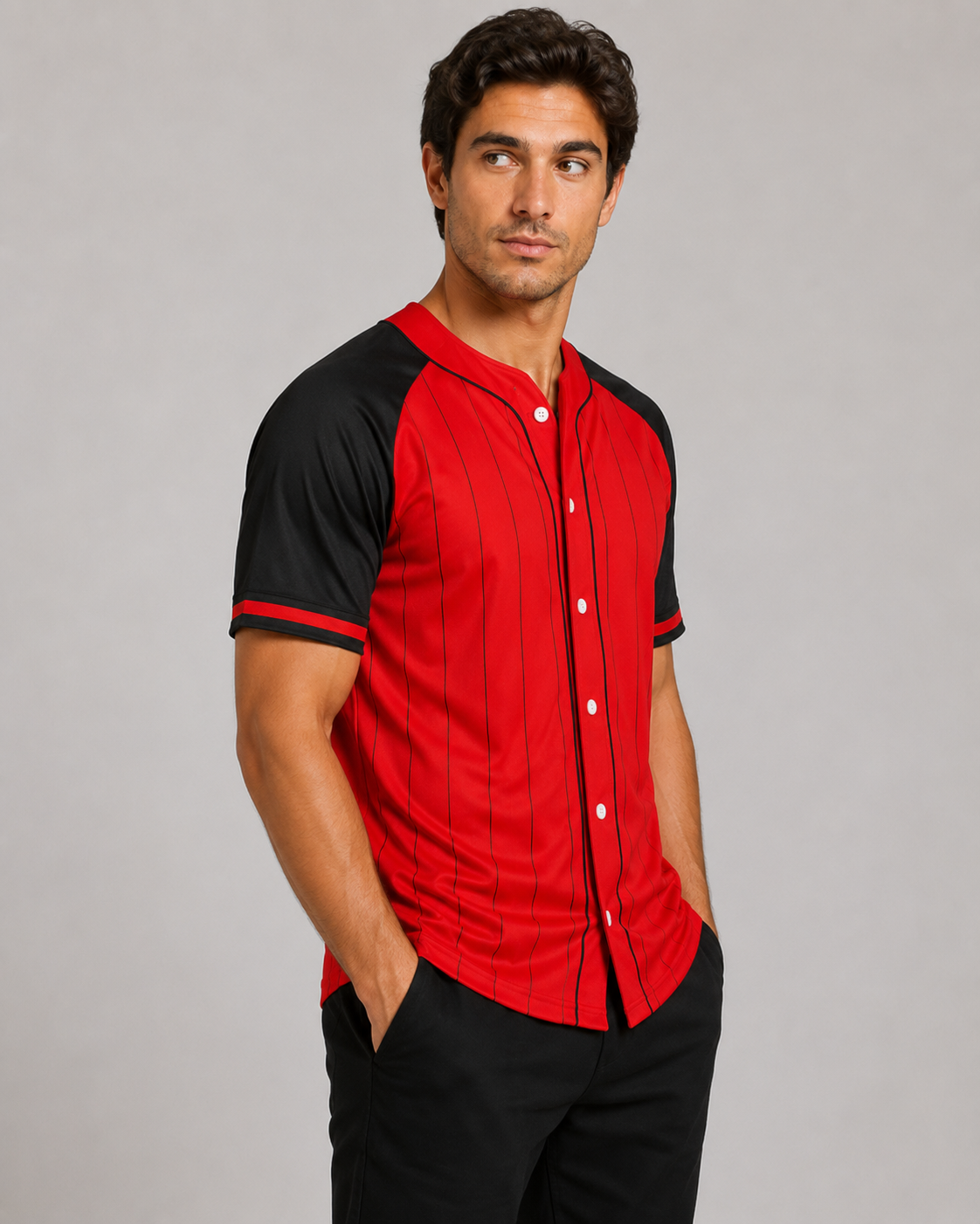 Red pinstripe baseball jersey detail