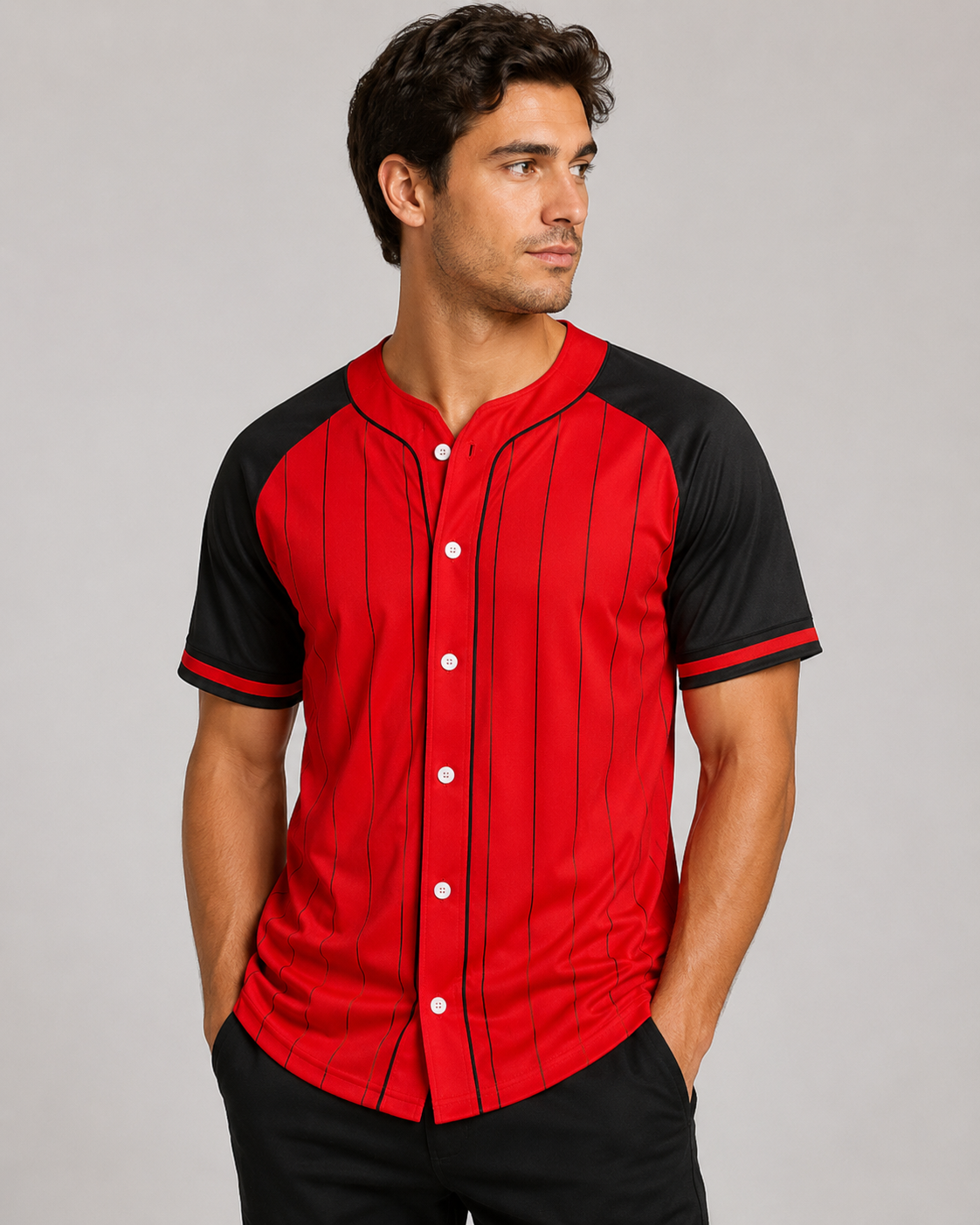 Red pinstripe baseball jersey view