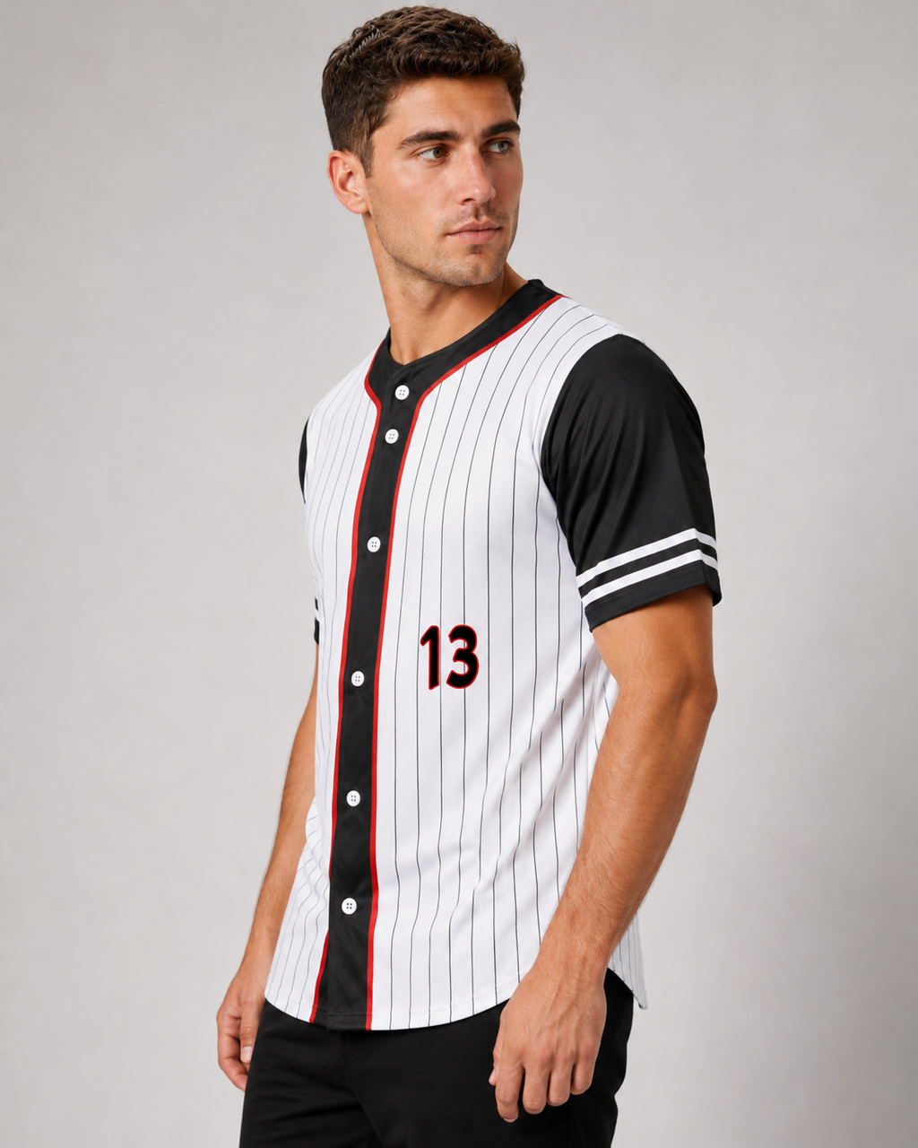 White pinstripe number 13 baseball jersey